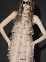 Chiffon Sleeveless Ruffle Mini Dress in khaki