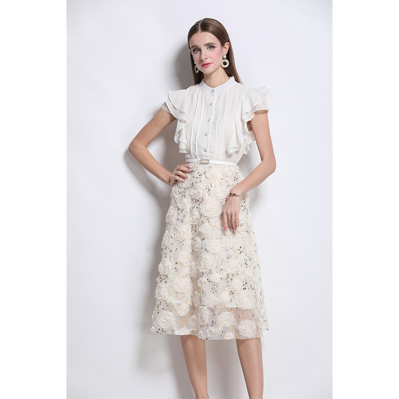 doris flower embellished ruffle sleeve midi dress in apricot