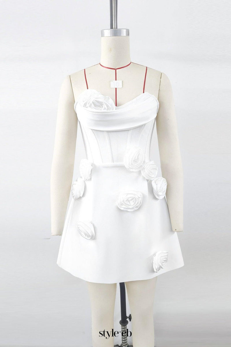 valerie 3d flower embellished strapless mini dress in white
