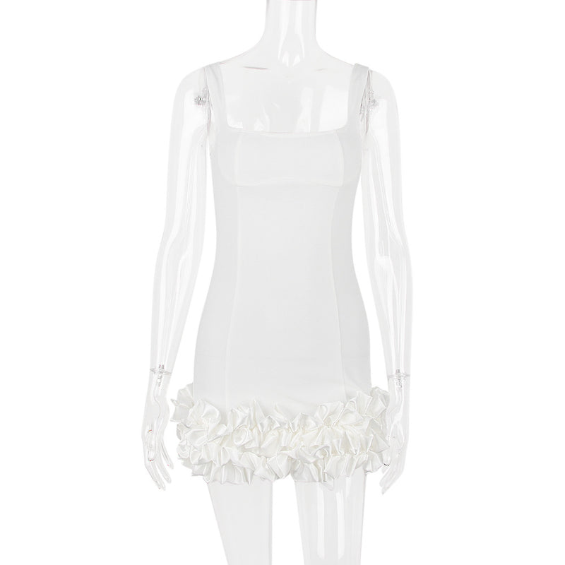 WHITE RUFFLE SATIN DRESS