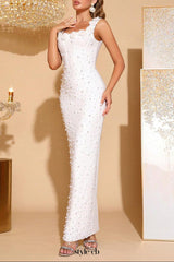 adela white flower Beaded square-neck elastic bandage maxi dress