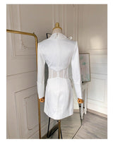 alyssa Deep V See-Through Fishbone Pleated Hip blazer mini dress in white