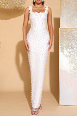 adela white flower Beaded square-neck elastic bandage maxi dress