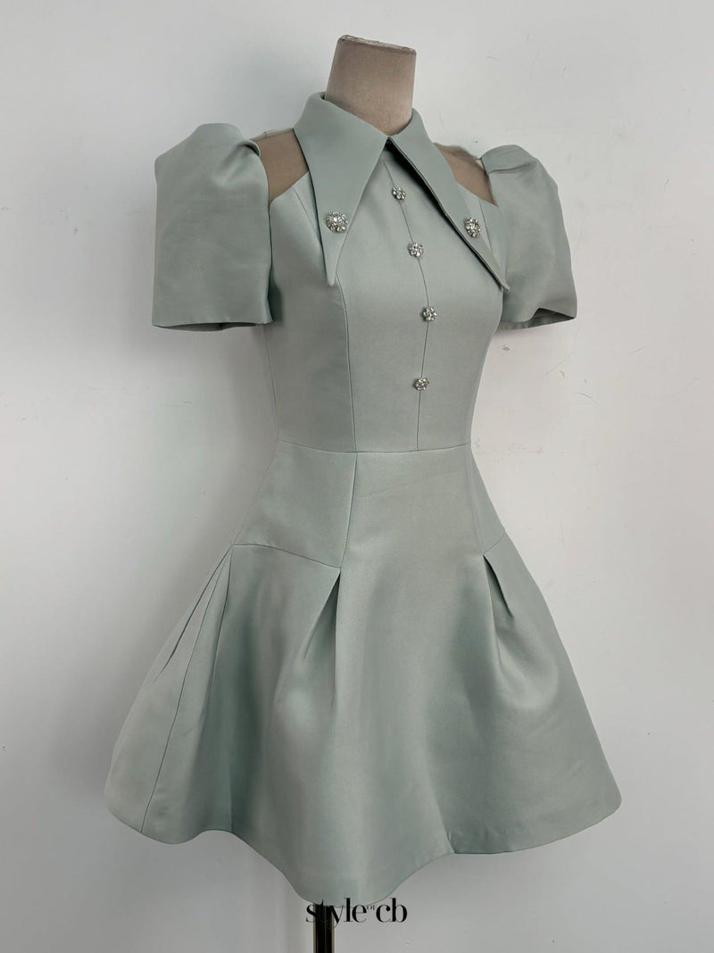 puff sleeve cut out a-line mini dress in green