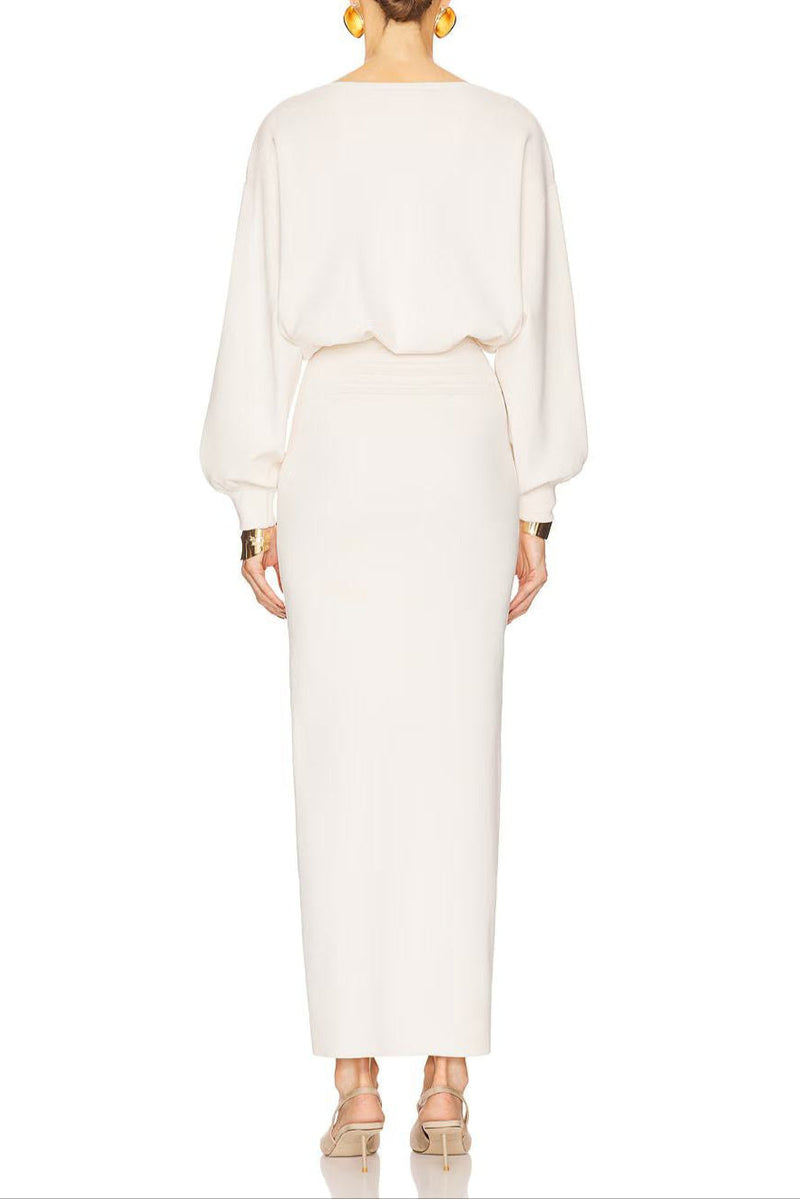 edith High elastic long hip maxi dress in white