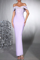 belen Diamond off-Shoulder bodycon Maxi Bandage Dress in pale purple