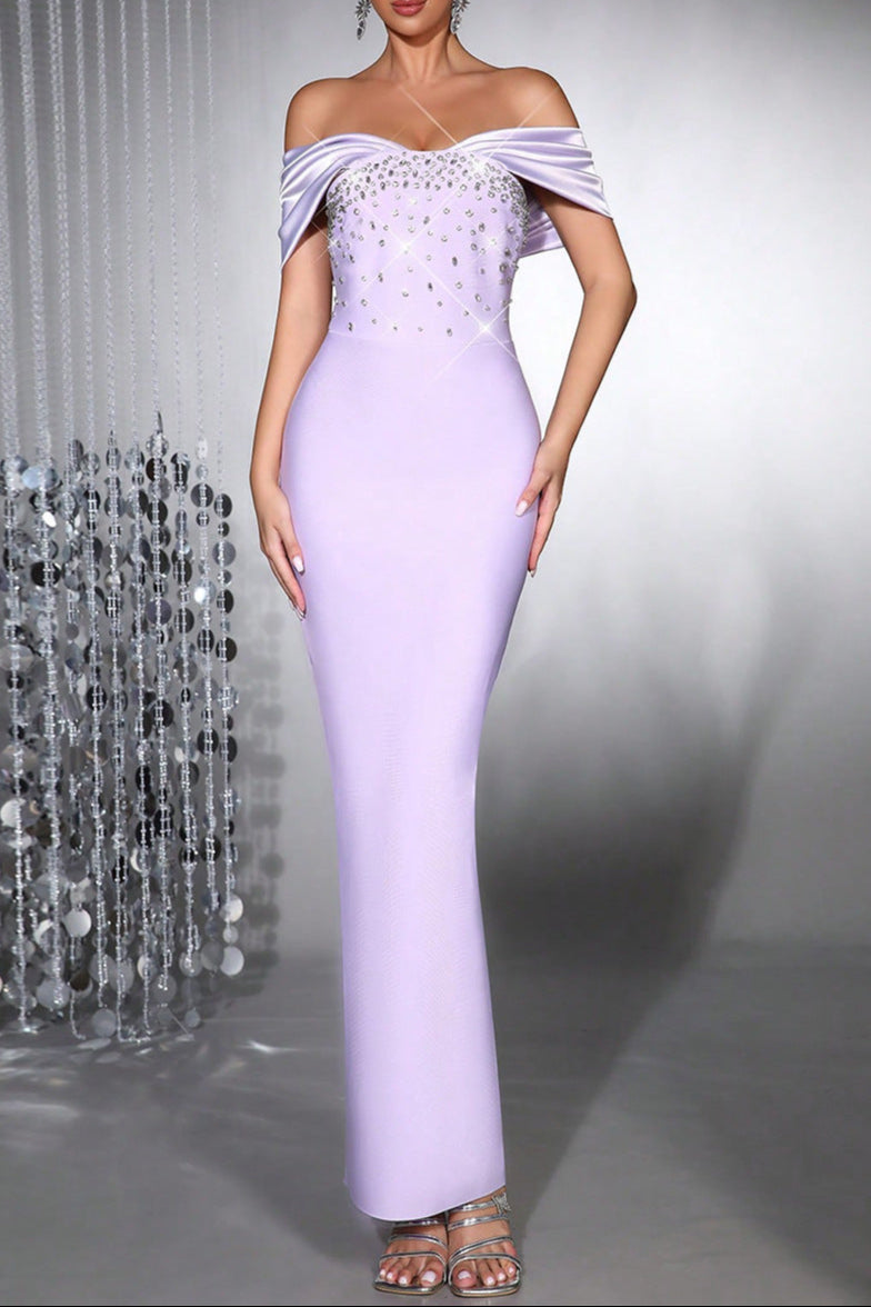 belen Diamond off-Shoulder bodycon Maxi Bandage Dress in pale purple