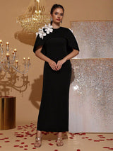 aurora Cape Sleeve back flower maxi Dress in black