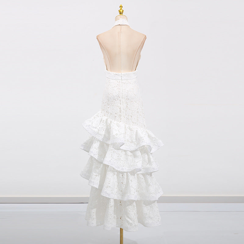 hazel white Deep V-neck halterneck layer ruffle trim maxi dress