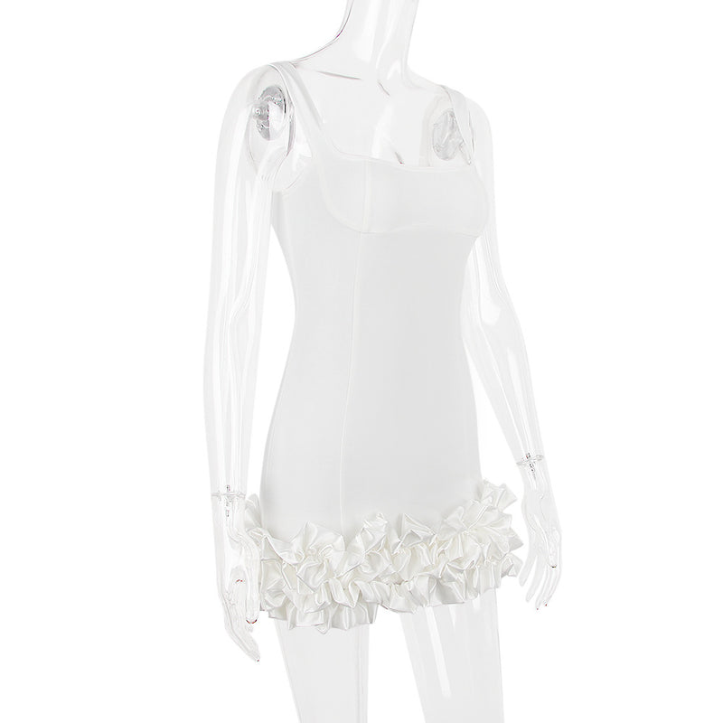 WHITE RUFFLE SATIN DRESS