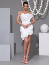 Flower Diamond ruffle trim Tube Top mini dress in white