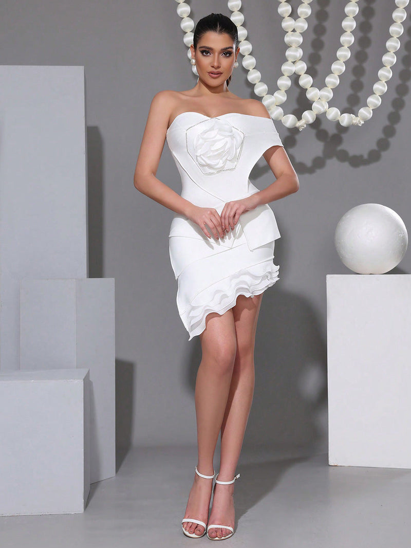 Flower Diamond ruffle trim Tube Top mini dress in white