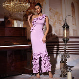 alma 3d flower one-shoulder bodycon maxi dress in purple