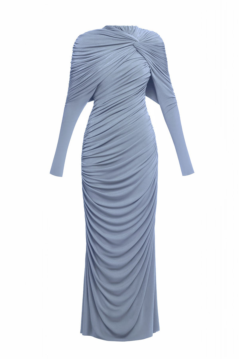 bonnie long sleeve pleated knot bodycon maxi dress in blue