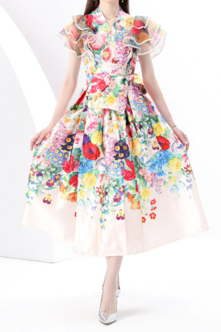 daphne ruffled a-line print midi dress