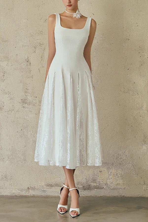 kitty square neck lace maxi dress in white