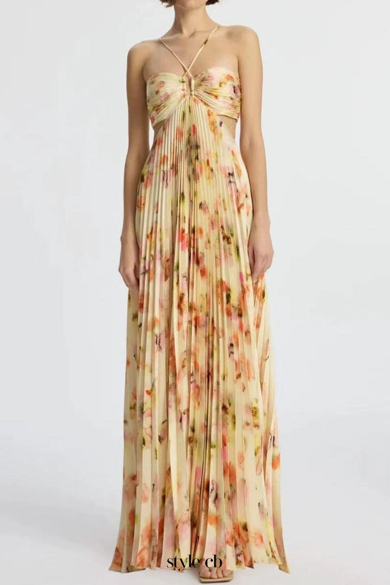 candice pleated floral maxi dress in yellow