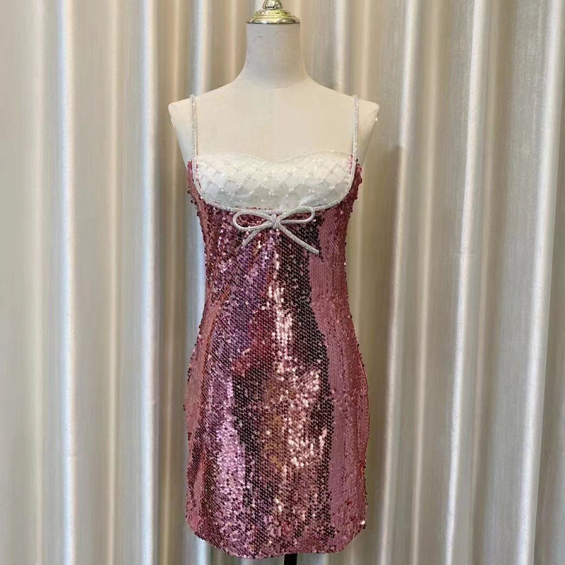 DAVINA SEQUINS DIAMANTE MINI DRESS IN PINK