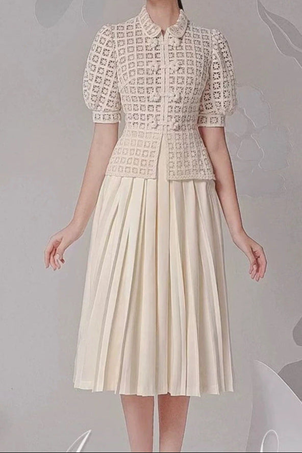 double breasted lantern sleeve lace top pleated skirt set in apricot
