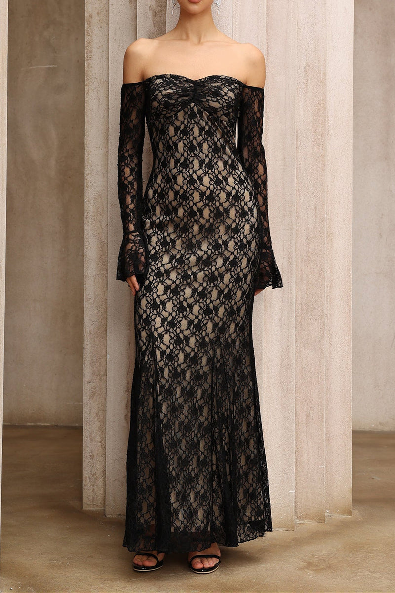 anna One-shoulder lace long sleeves maxi dress in black