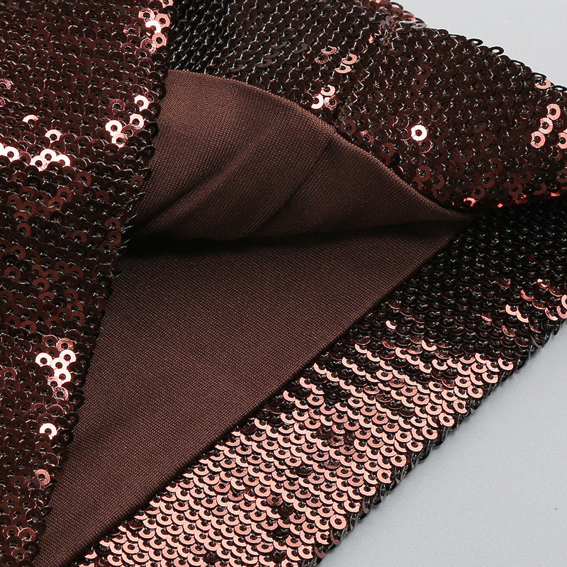 nora brown Sequin halterneck deep V high waist flared jumpsuit