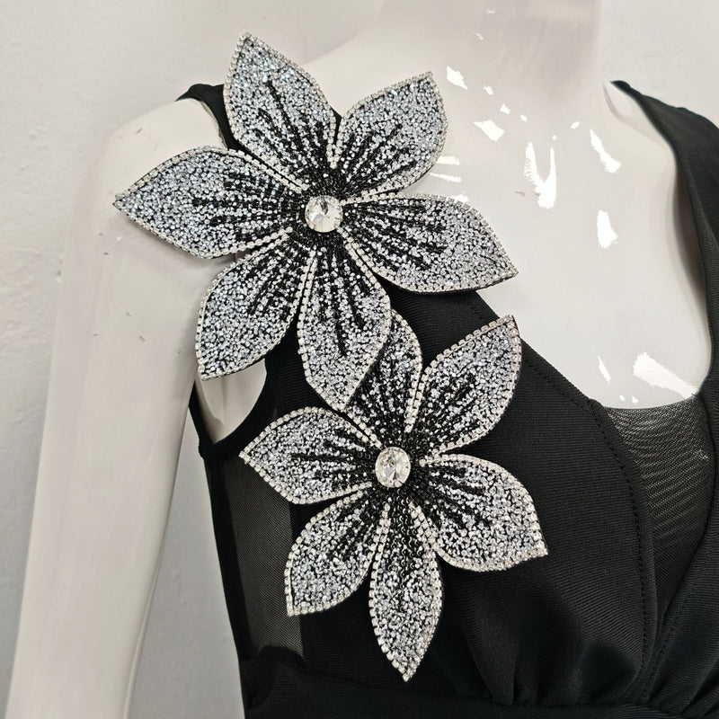 rita black 3D Floral Rhinestone Bodycon Slit Maxi Bandage Dress