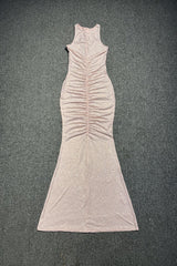 Hollow Mesh Rhinestone Sleeveless maxi Dress in pink