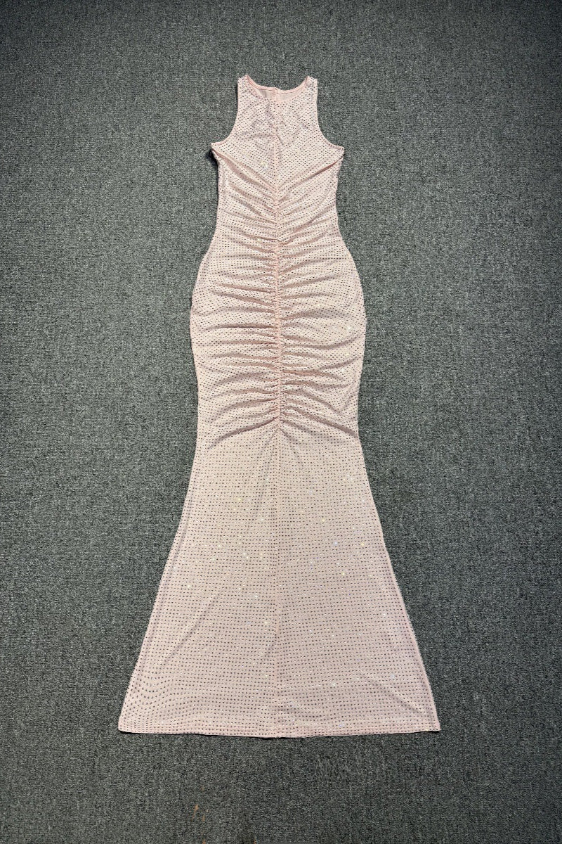Hollow Mesh Rhinestone Sleeveless maxi Dress in pink