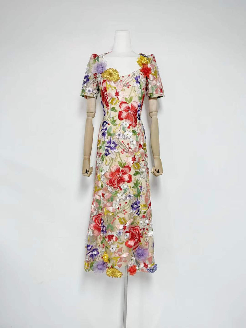 trista multicolor Square Neck backless Mesh Embroidered Fishtail maxi Dress