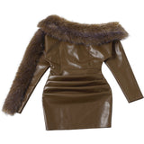 sibyl Leather fur collar asymmetrical mini dress in brown