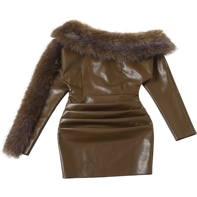 sibyl Leather fur collar asymmetrical mini dress in brown