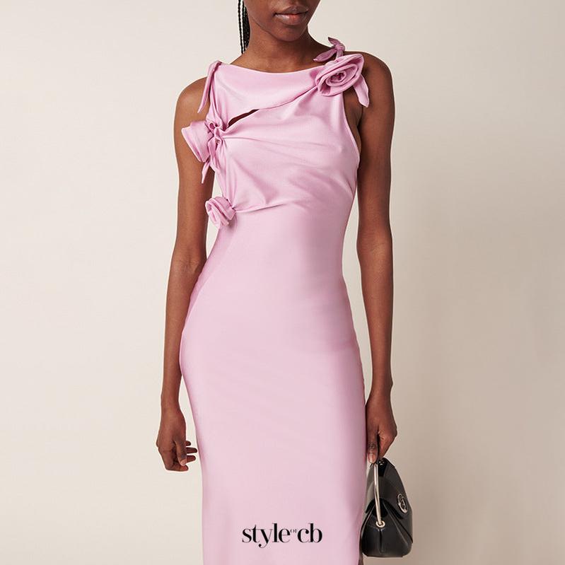 3d flower asymmetric satin slit gown in pink
