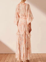puff long sleeve tiered ruffle hem maxi dress in pink