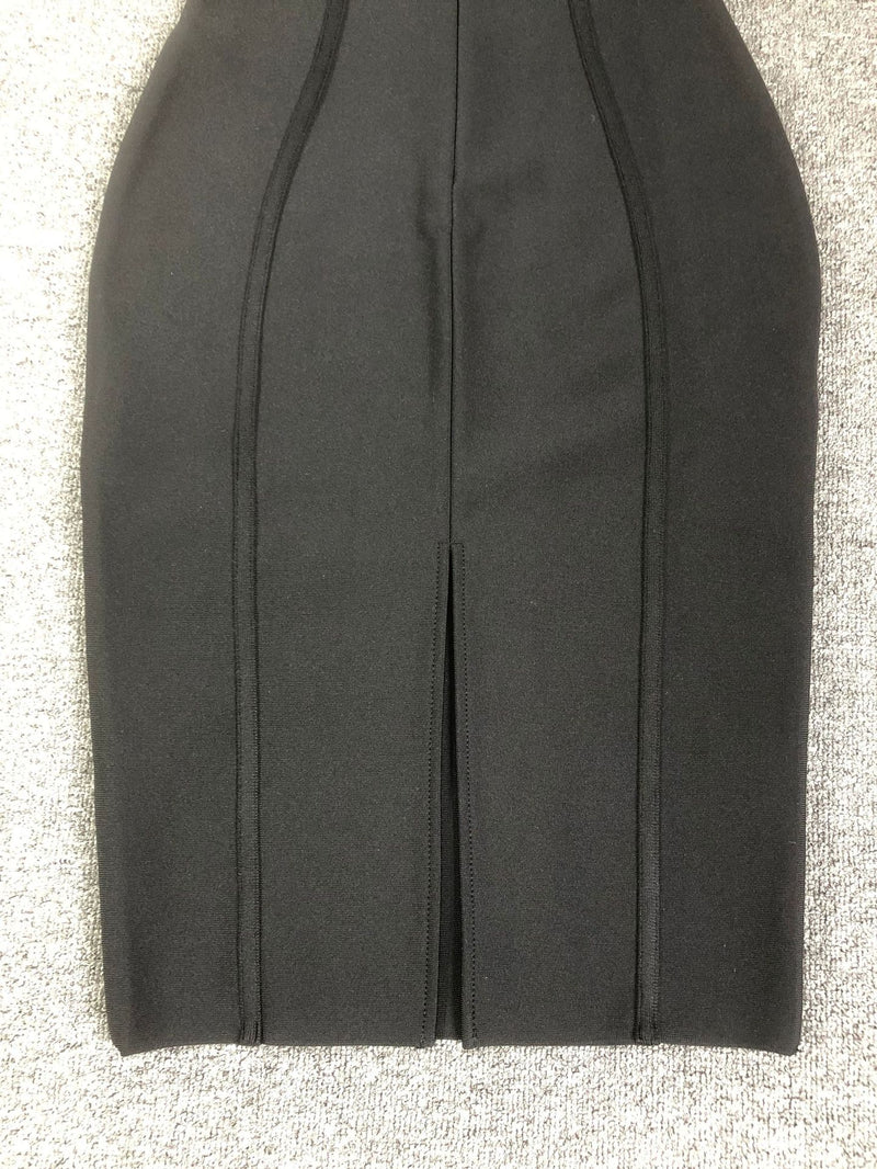 Fuzzy Trim Split Bodycon strapless midi Dress in black