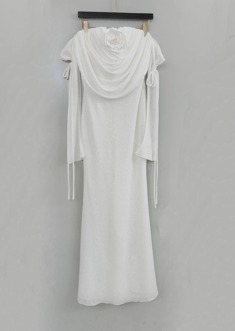 lila flower embellished pleated strapless maxi dress in white