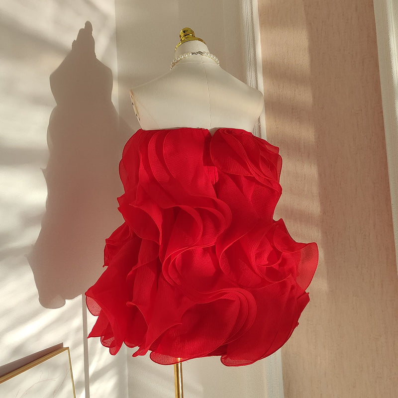 verna Multi-layered 3d pleated mini dress in red