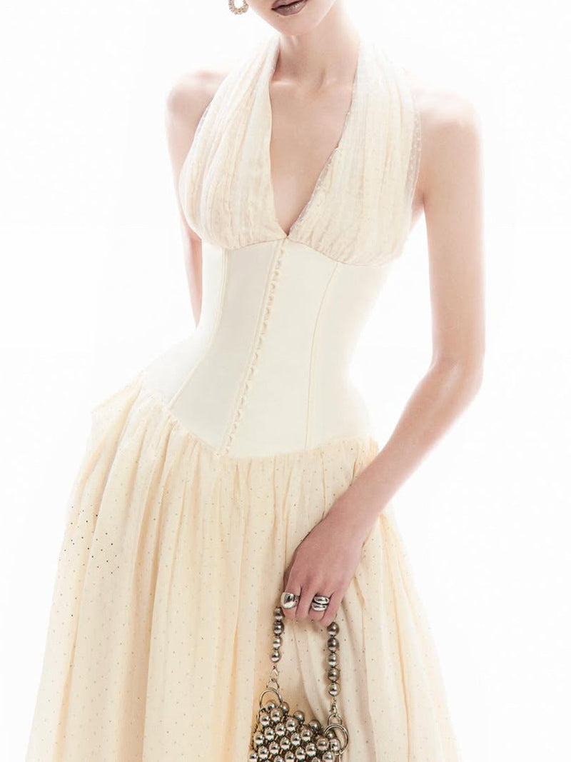 tiffany halterneck tulle overlay maxi dress in apricot