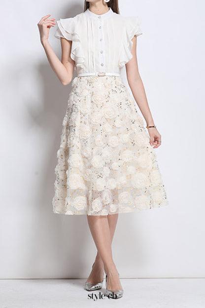 doris flower embellished ruffle sleeve midi dress in apricot