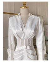 alyssa Deep V See-Through Fishbone Pleated Hip blazer mini dress in white