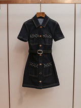 miriam Denim Crystal Trim Mini Dress in black