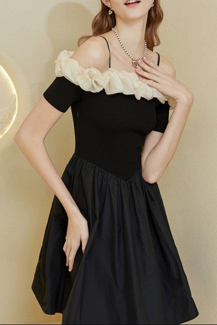 off-shoulder ruffle trim suspender mini dress in black