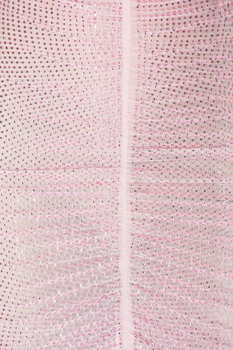 Hollow Mesh Rhinestone Sleeveless maxi Dress in pink