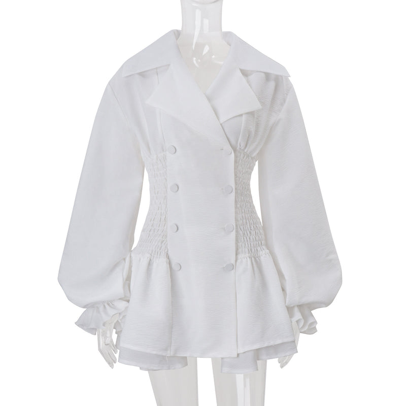 zenobia Large lapel button puff sleeve tutu mini dress in white