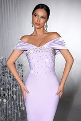 belen Diamond off-Shoulder bodycon Maxi Bandage Dress in pale purple