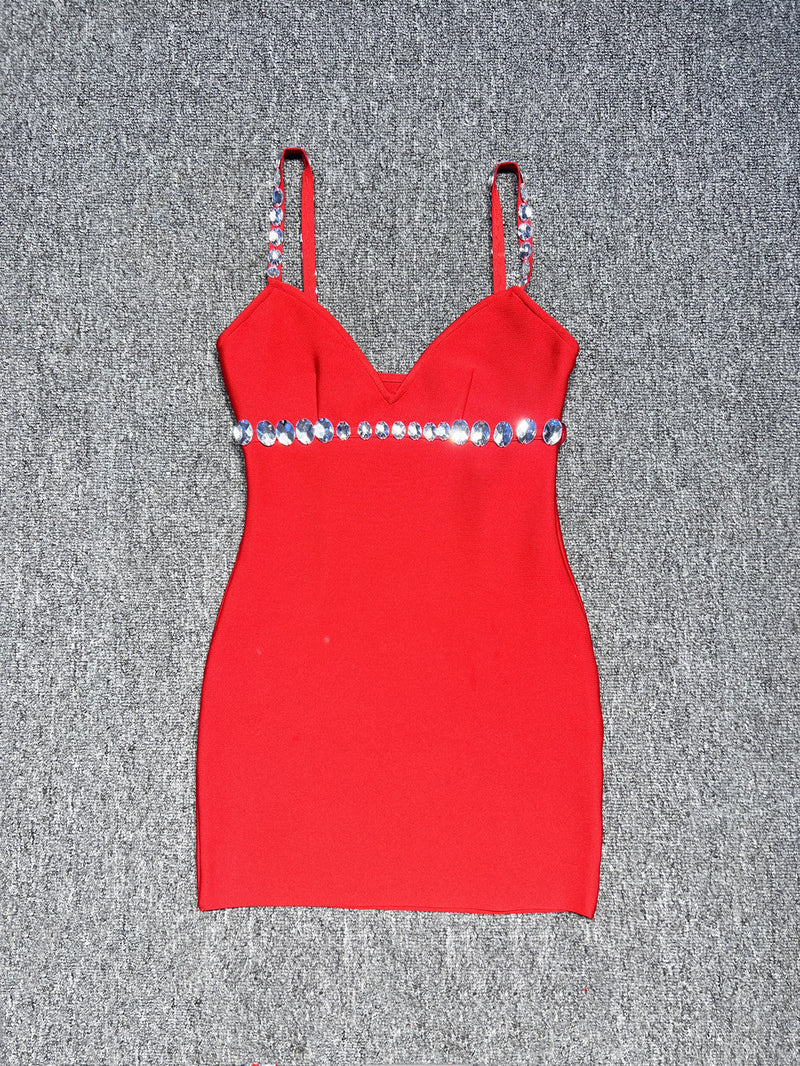 karen V-neck rhinestone embellished stretch Bodycon mini dress in red
