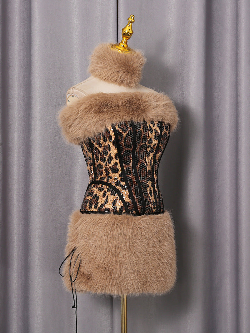 suzanne Leopard Fur Sequin Skirt Set