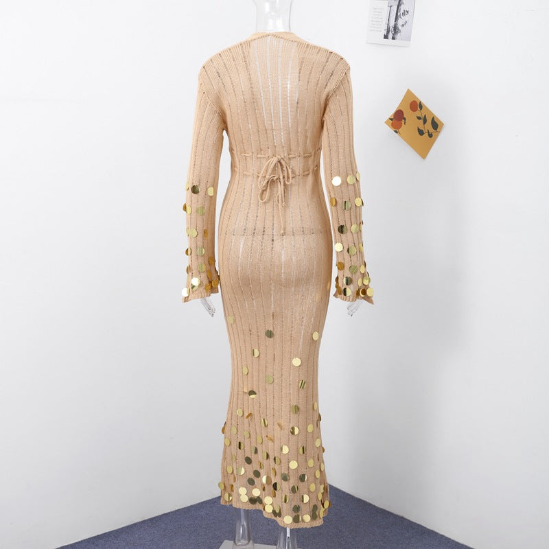 elma Golden Aura v-neck Knitted maxi Dress