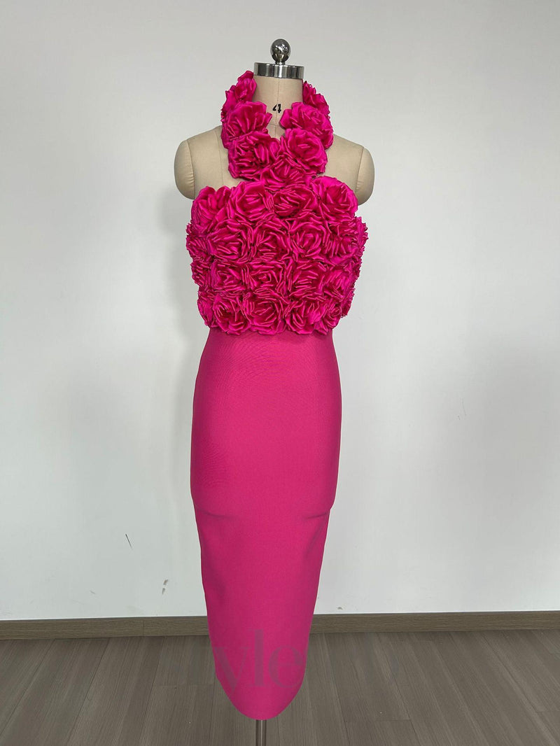 flower bandage midi dress in hot pink