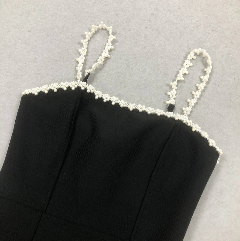 pearl embellished strap mini dress in black