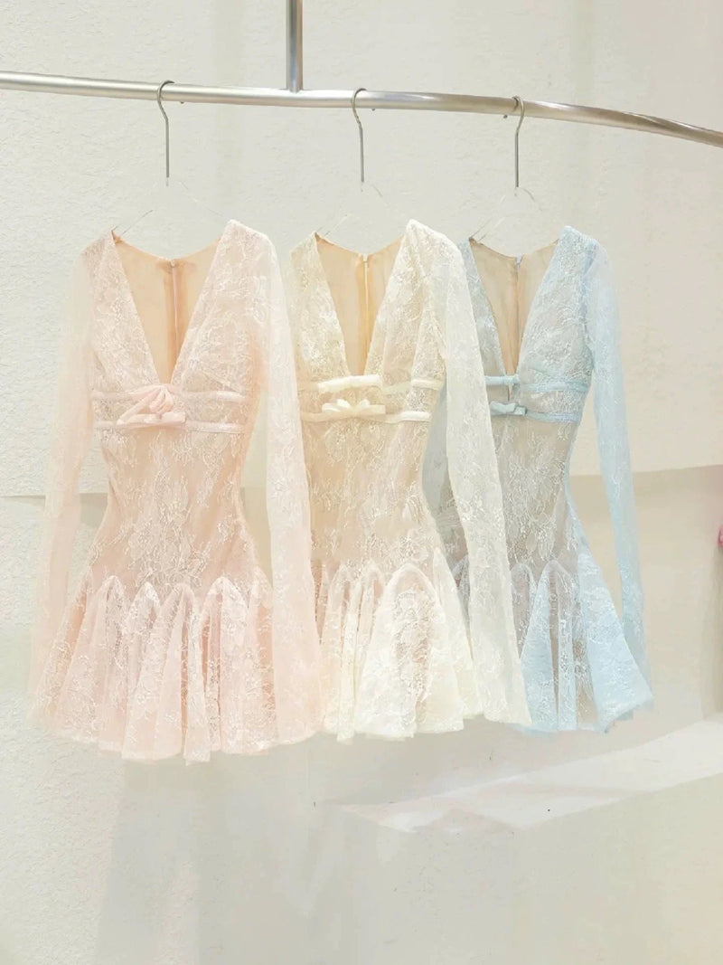 eileen Long-sleeve v-neck lace A-line mini dress in pink